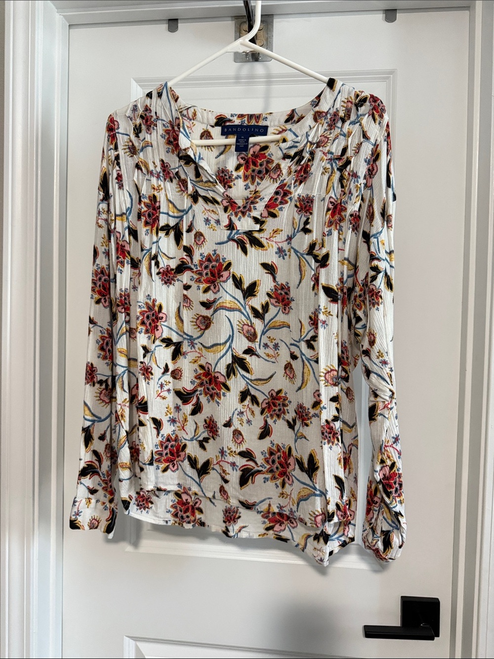 Bandolino White Floral Long-Sleeve Blouse with Red and Blue Accents